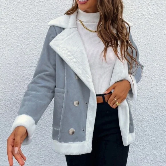 Cozy Charcoal Grey Luxe Teddy Vegan Suede Jacket Coat - Picture 6 of 8